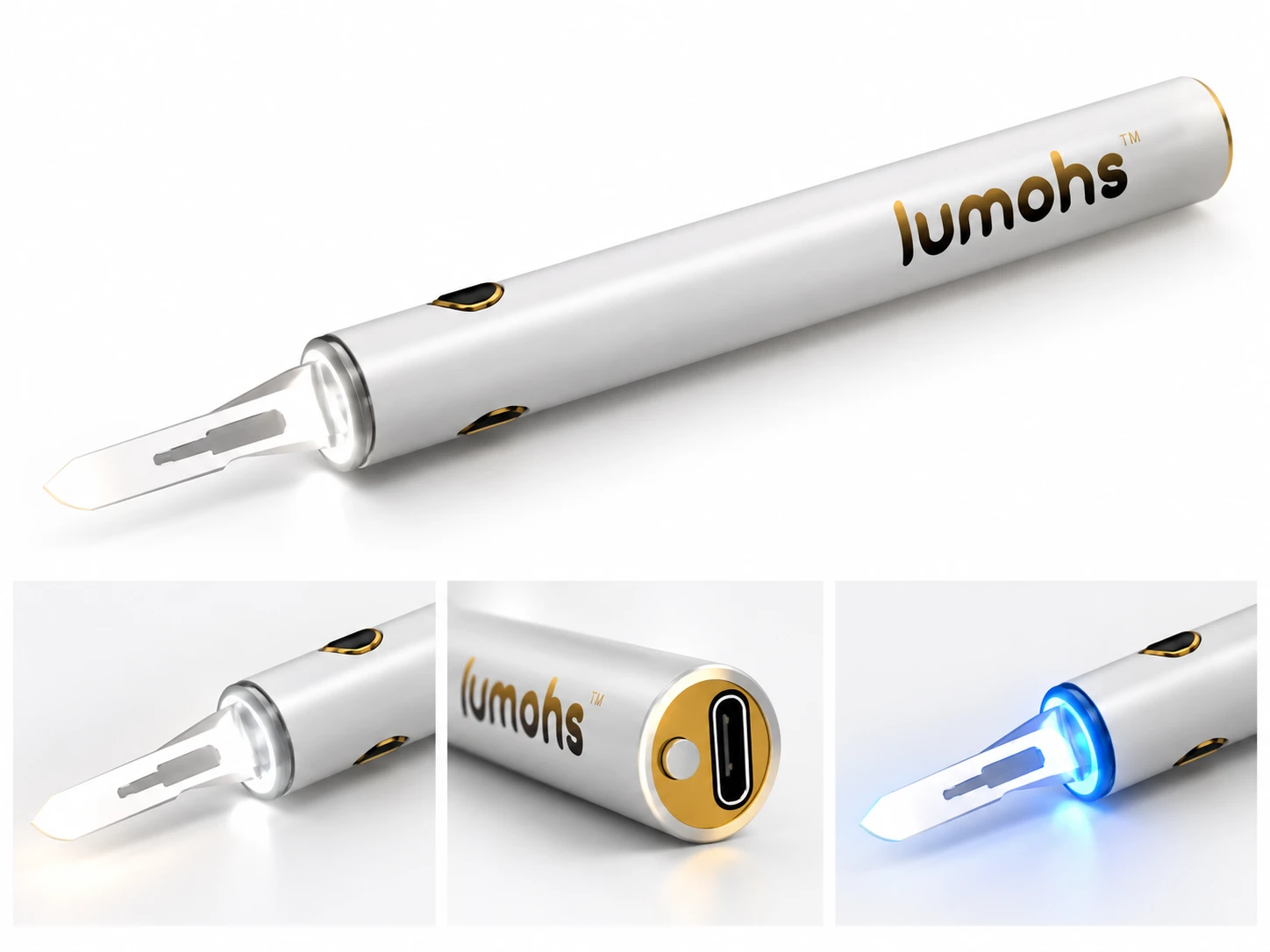 Lumohs Pro dermaplaning handle lighting its blade, with close-ups of the white light, the USB-C charging port and the blue light mode