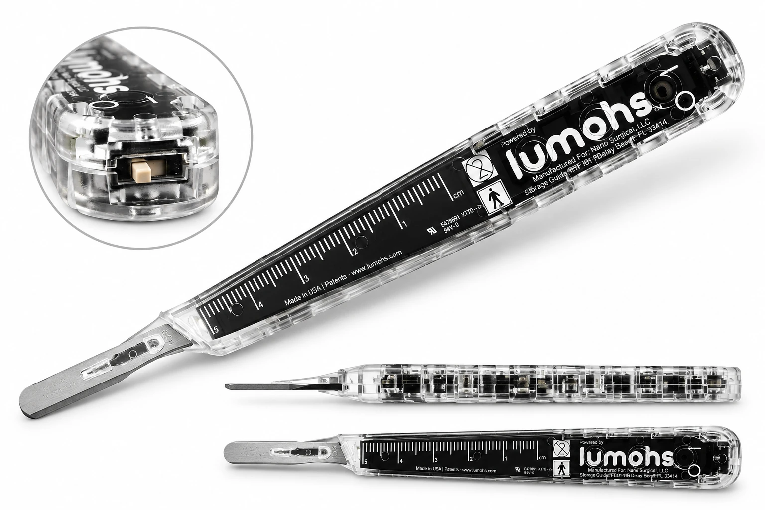Lumohs single-use scalpel: clear plastic handle with a printed centimeter scale, shown from three angles, with a close-up of the slide switch
