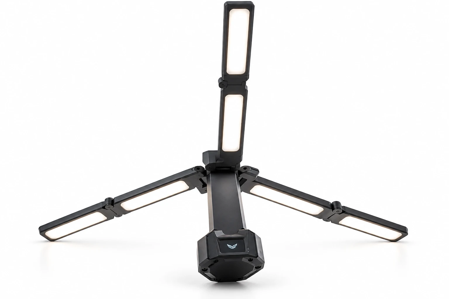 MAVEN Talon light with its bendable LED panels unfolded into a tripod stand and a raised arm